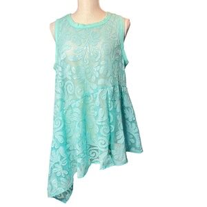 Item # A115  FT INC Green Boho Glam Lace Peplum  VintageTop  Asymmetrical  NWT L